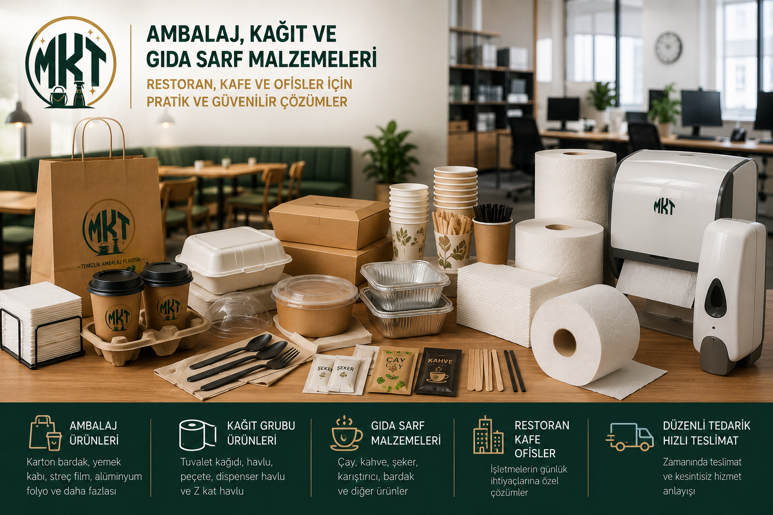 Restoran, Kafe ve Ofisler İçin Ambalaj, Kağıt ve Gıda Sarf Malzemeleri